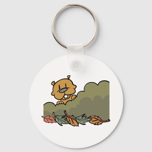 Groundhog Peeking Through Autumn Bushes  Keychain (Front)