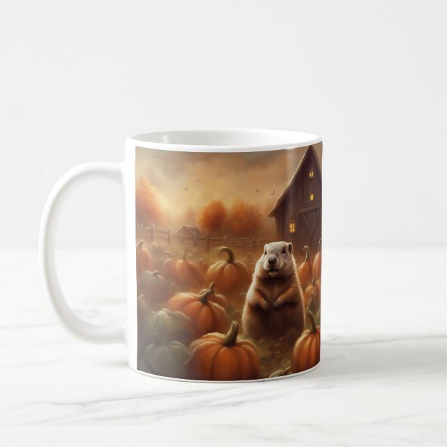 Groundhog standing in pumpkin patch at sunset coffee mug (Left)