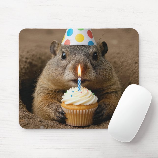 Groundhog With a Birthday Cupcake Mouse Pad (With Mouse)