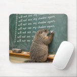 Groundhog Writing Lines on a Green Chalkboard Mouse Pad<br><div class="desc">A groundhog humorously stands in a classroom setting,  writing lines on a chalkboard about not seeing its shadow again</div>