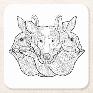 Group Animal Doodle Square Paper Coaster