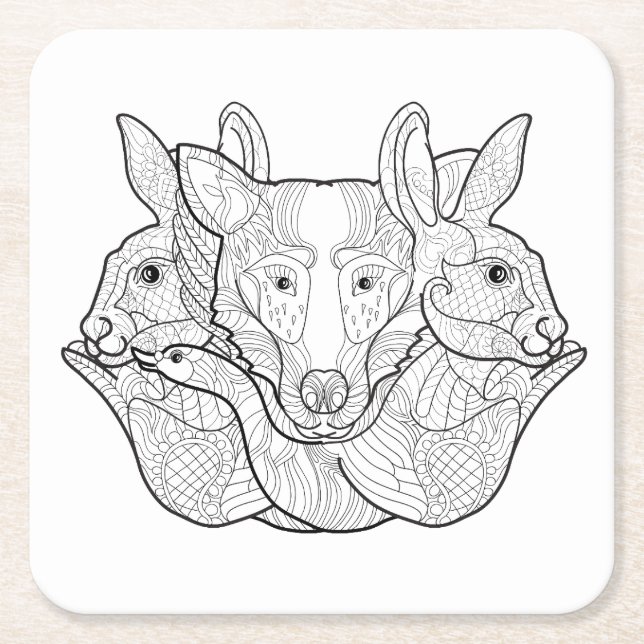 Group Animal Doodle Square Paper Coaster (Front)