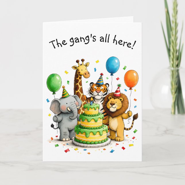 Group Birthday Whimsical Animals in Party Hats Card (Front)