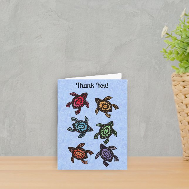 Group Black Turtles Abstract Shells Many Colours  Thank You Card (Bunch of black turtles with abstract shells in various colours on mottle blue Thank You Card.)