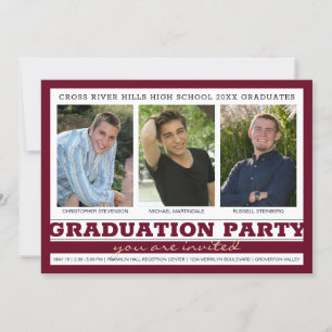Group Graduation Party 3 Photo Burgundy Maroon Invitation