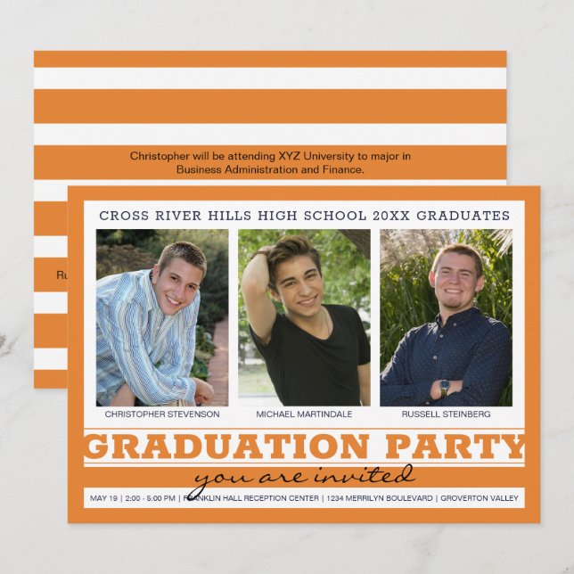 Group Graduation Party 3 Photos Orange Black Invitation (Front/Back)