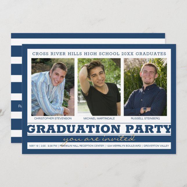 Group Graduation Party Three Photo Blue Invitation (Front/Back)
