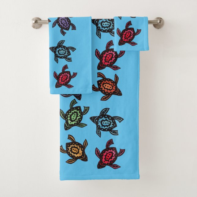 Group of Abstract Black Turtles Colourful shells Bath Towel Set (Insitu)