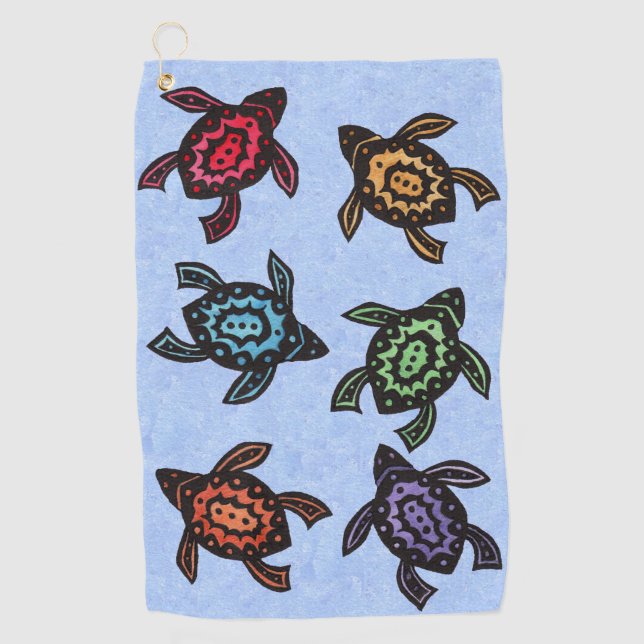 Group of Abstract Black Turtles Colourful Shells Golf Towel (Front)