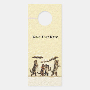 Group of Brown Cats Kittens Umbrellas Snow Yellow Door Hanger