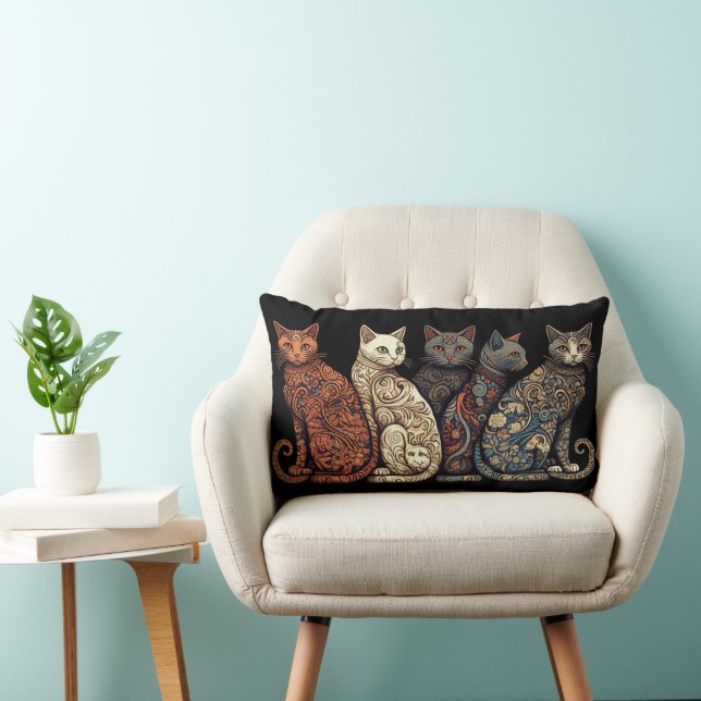 Group of Cats in Victorian Wallpaper Style Lumbar Pillow (Chair)