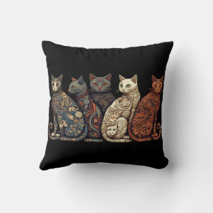 Group of Cats in Victorian Wallpaper Style Throw Pillow