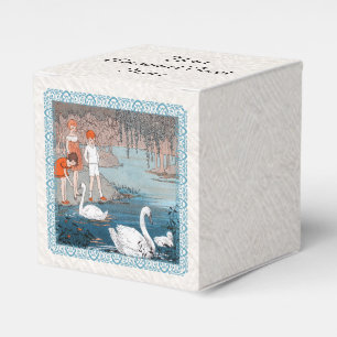 Group of Children Feeding Swans at Lake Blue Frame Favor Box