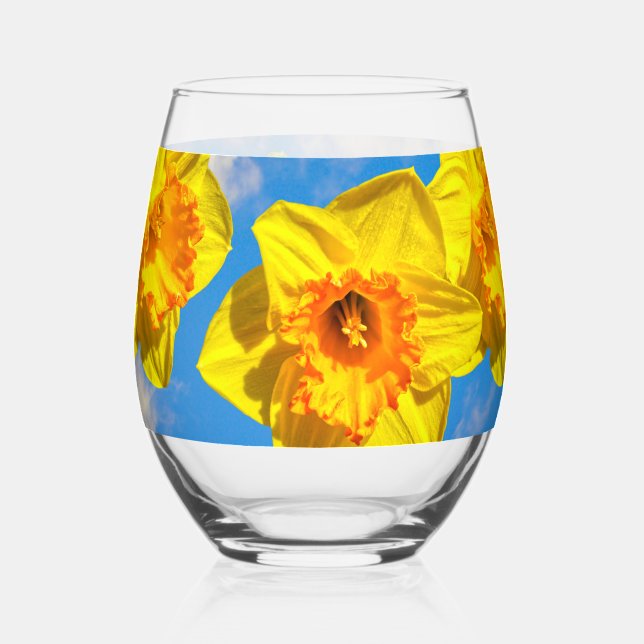 Group of Daffodils Gold Medal flowers Stemless Wine Glass (Back)