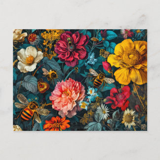 Group of Honeybees with Zinnias, Roses, and Daisie Postcard