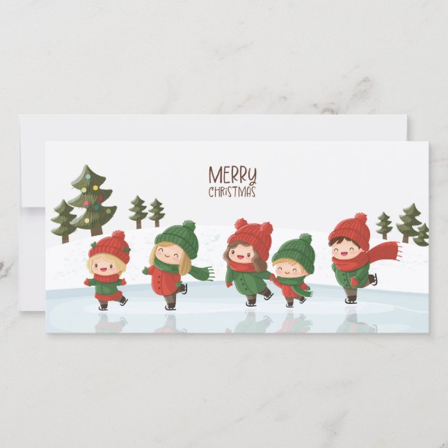 Group of Ice Skating Children at Christmas Holiday Card (Front)