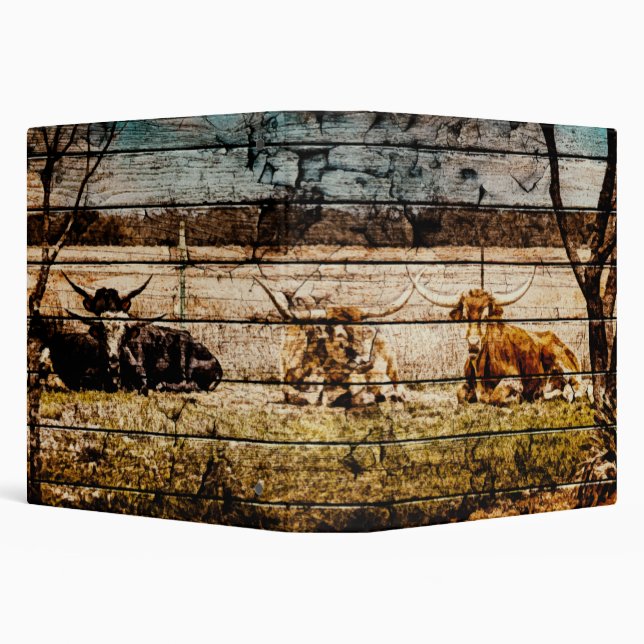 Group of Longhorns Laying in Field Distressed Wood Binder (Background)