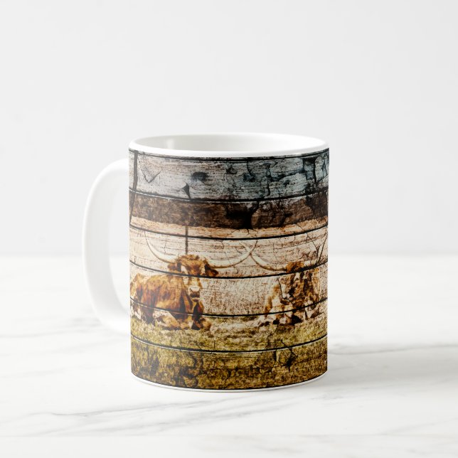 Group of Longhorns Laying in Field Distressed Wood Coffee Mug (Front Left)