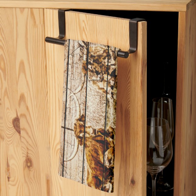 Group of Longhorns Laying in Field Distressed Wood Kitchen Towel (Thirds Fold)