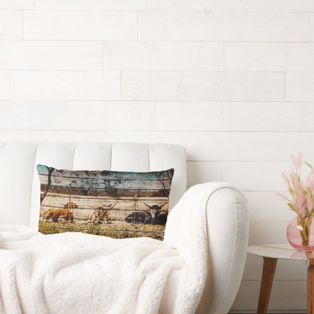 Group of Longhorns Laying in Field Distressed Wood Lumbar Pillow (Couch)