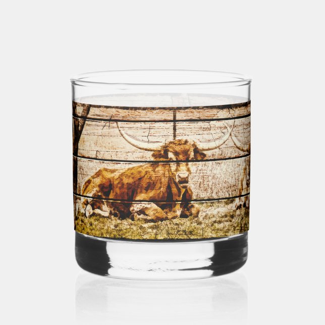 Group of Longhorns Laying in Field Distressed Wood Whiskey Glass (Front)