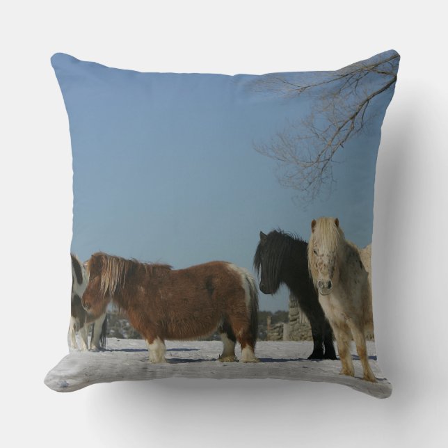 Group of Miniature Horses in the Snow Throw Pillow (Front)