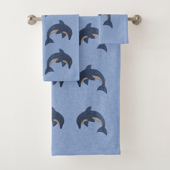 Group of Ocean Dark Blue White Jumping Dolphins Bath Towel Set (Insitu)