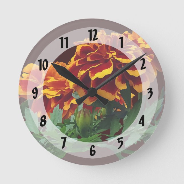 Group of Orange Marigolds With Yellow Tips Round Clock (Front)