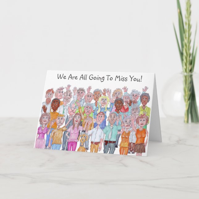 Group Of People Caricatures Waving Goodbye Card (Front)