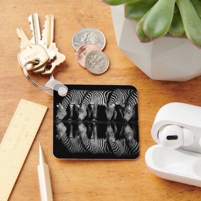 Group of Plains Zebra Drink Together at Night Keychain (Desk)