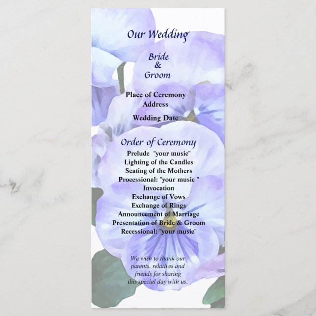Group of Purple Pansies and Leaves Wedding Program (Front)