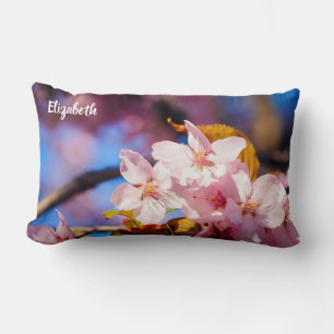 Group Of Sakura Flowers, Soft Pink, Blue Backdrop Lumbar Pillow