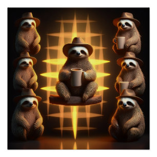 Group Of Sloths Drinking Coffee Poster