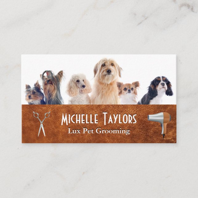 Group of Small Dogs | Grooming Tools Business Card (Front)