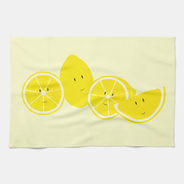 Group of smiling lemon characters kitchen towel (Horizontal)