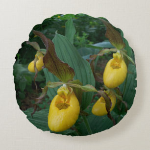 Group Of Yellow Lady's Slipper Orchid Flowers Round Pillow