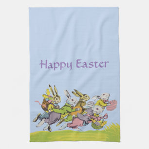 Group Running Easter Rabbits in Pastel Clothes Kitchen Towel