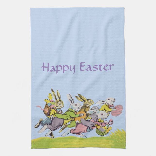 Group Running Easter Rabbits in Pastel Clothes Kitchen Towel (Vertical)