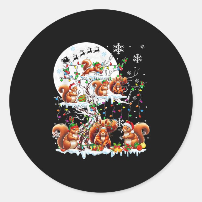 Group Santa Reindeer Elf Squirrels On Tree Christm Classic Round Sticker (Front)