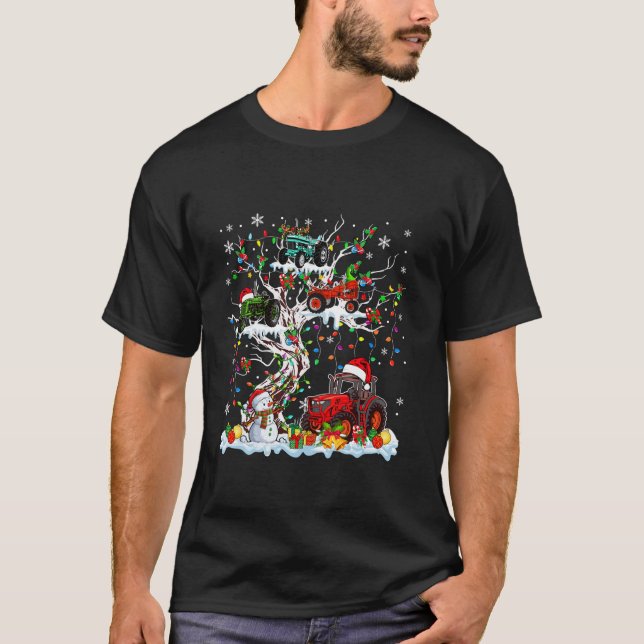 Group Santa Reindeer Elf Tractors On Xmas Tree Dri T-Shirt (Front)