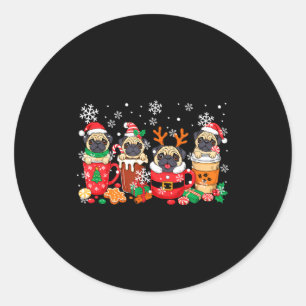 Group Santa Reindeer Pugs In Coffee C Christmas  Classic Round Sticker