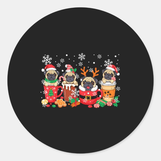 Group Santa Reindeer Pugs In Coffee C Christmas  Classic Round Sticker (Front)