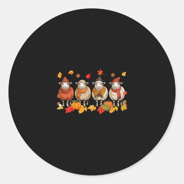 Group Sheeps Thanksgiving Fall Leaves Pumpkins Far Classic Round Sticker (Front)
