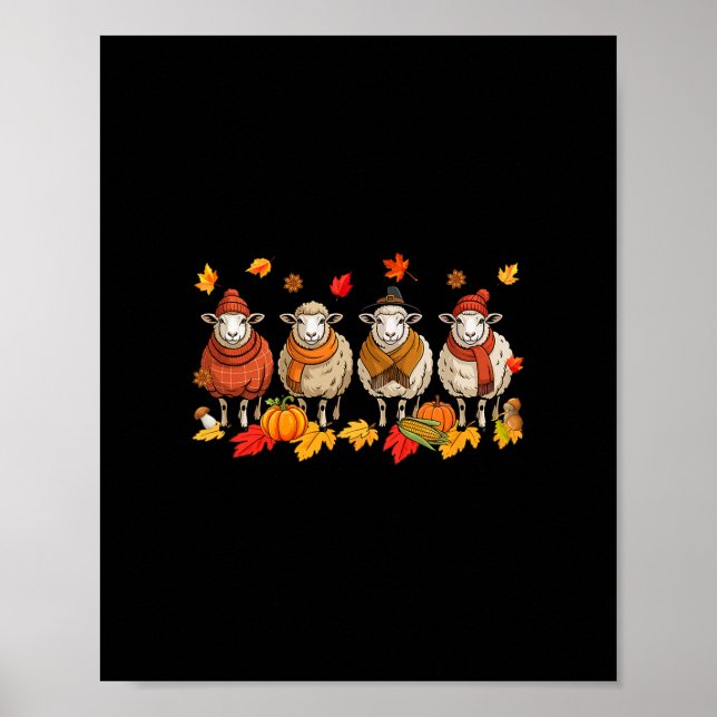 Group Sheeps Thanksgiving Fall Leaves Pumpkins Far Poster (Front)