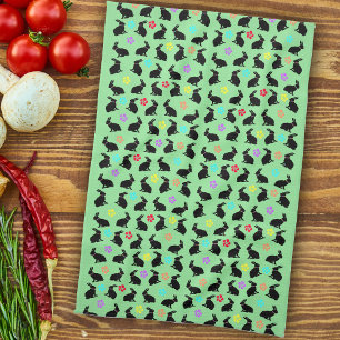 Group Spring Black Sitting Rabbits Flowers on Gree Kitchen Towel