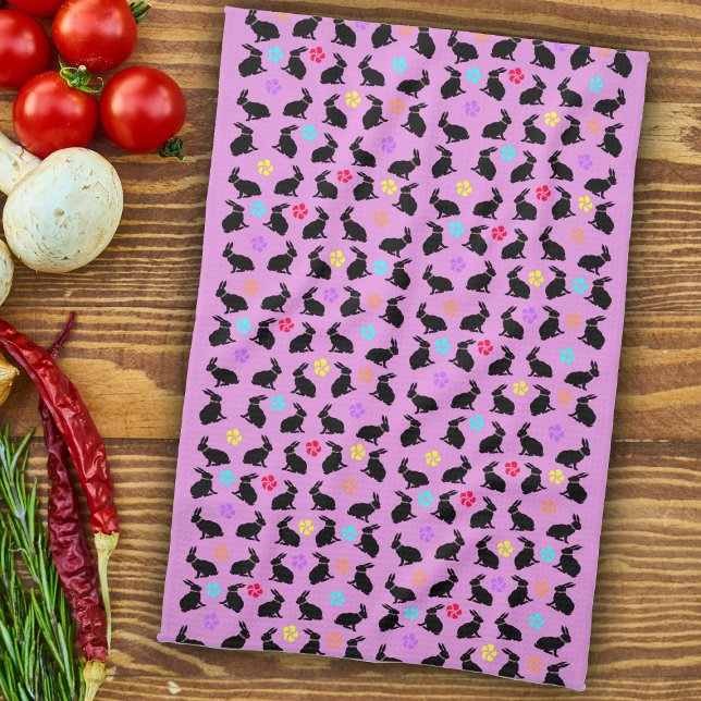 Group Spring Black Sitting Rabbits Flowers Pink Kitchen Towel (black silhouette rabbits colourful flowers on pink kitchen towel for spring or Easter.)