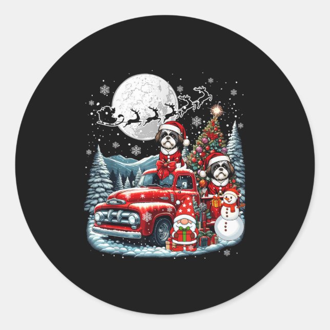 Group Xmas Gnome Snowman Santa Shih Tzus On Ckup T Classic Round Sticker (Front)