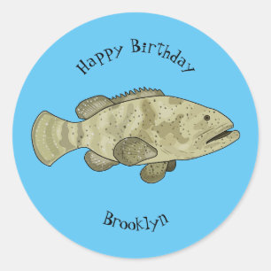 Grouper fish cartoon illustration classic round sticker