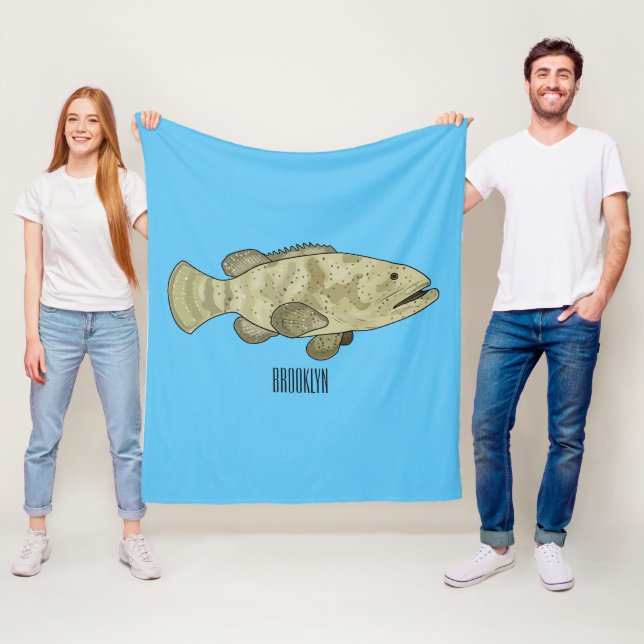 Grouper fish cartoon illustration fleece blanket (In Situ)