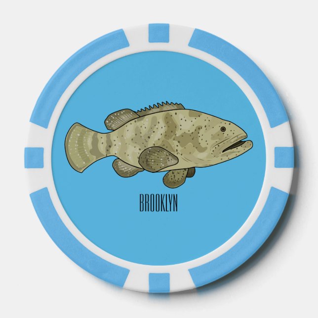 Grouper fish cartoon illustration poker chips (Front)